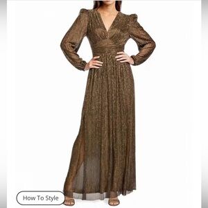 Alex Marie Shimmering gold and Brown Long Sleeve evening gown dress